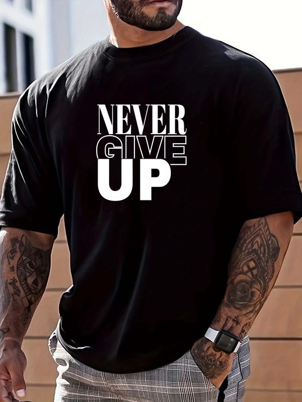 Summer Clothes Men's "NEVER GIVE UP" Print Round Neck Tee, Regular Fit Slogan Print Crew Neck Short Sleeve T-Shirt for...