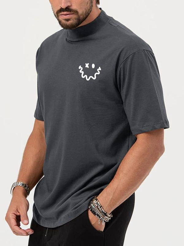 Summer Clothes Men's Cartoon Print Mock Neck Tee, Regular Fit Short Sleeve Graphic T-shirts, Casual Comfy Tops for Men,...