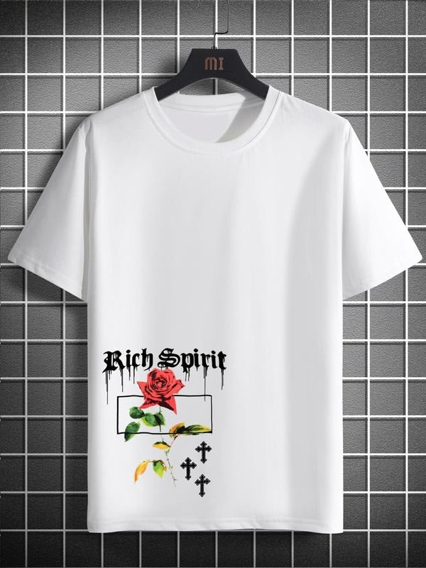 Summer Clothes Men's Regular Fit Floral & Letter Print Round Neck Tee, Casual Short Sleeve T-shirt for Summer, Men's Top...