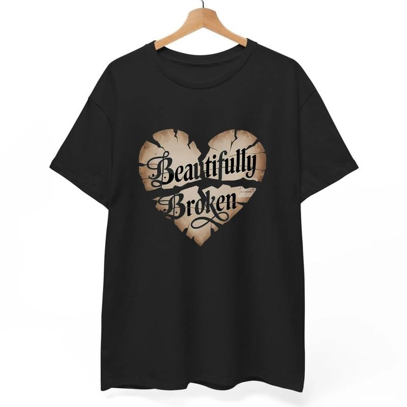 Women's Casual Crewneck T-Shirt with "Beautiful Broken" Heart Print, Spring/Summer Fashion, and Back to School Outfits,...