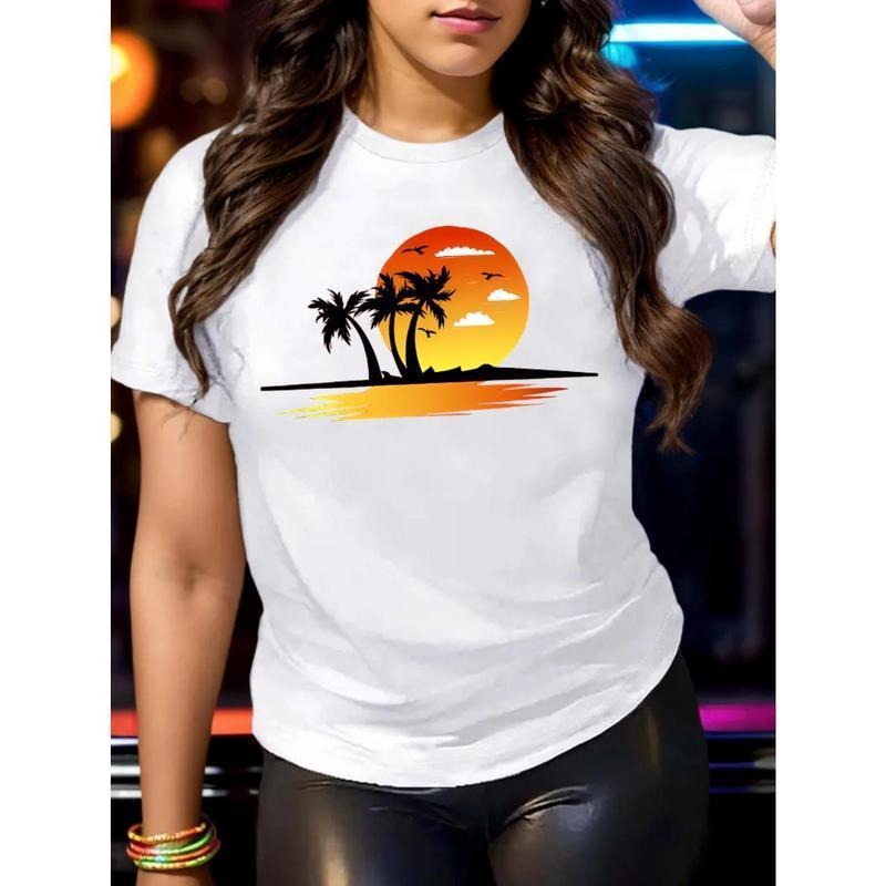 Women's Tropical Beach Sunset Graphic Tee - 100%, Casual Round Neck Short Sleeve T-Shirt, Breathable & Stylish, White...