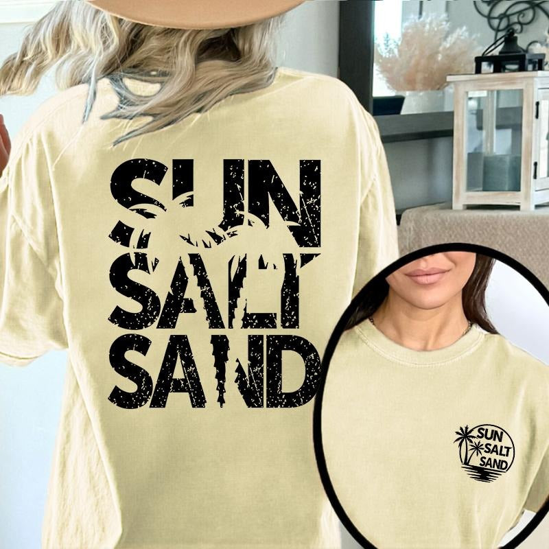 Sun Sand Salt Beach Print T Shirt, Sun Salt Pattern Short Sleeve Tops, Retro Beach Tee, Trendy Beach Shirts For Women,...