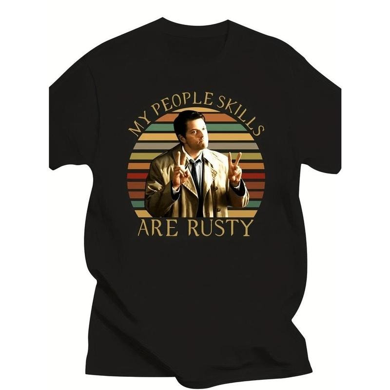 Supernatural Castiel Graphic T-Shirt With Retro Stripes For Men Comfortable Cotton Crew Neck Streetwear Top Hoodie,...