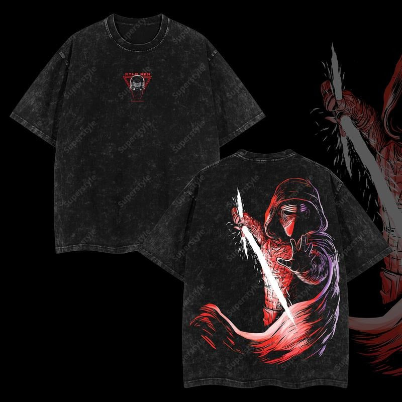 Superstyle Kylo Ren Star Dark Side Warrior Shadow Force Edition Double Printed Oversize Lightweight Acid Washed Tee TV...