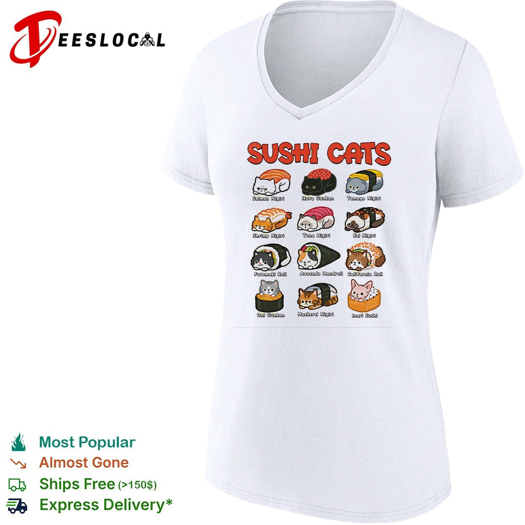 Sushi Cats Salmon Nigiri Tamago Nigiri Shrimp Nigiri Futomaki Roll Avocado Handroll shirt