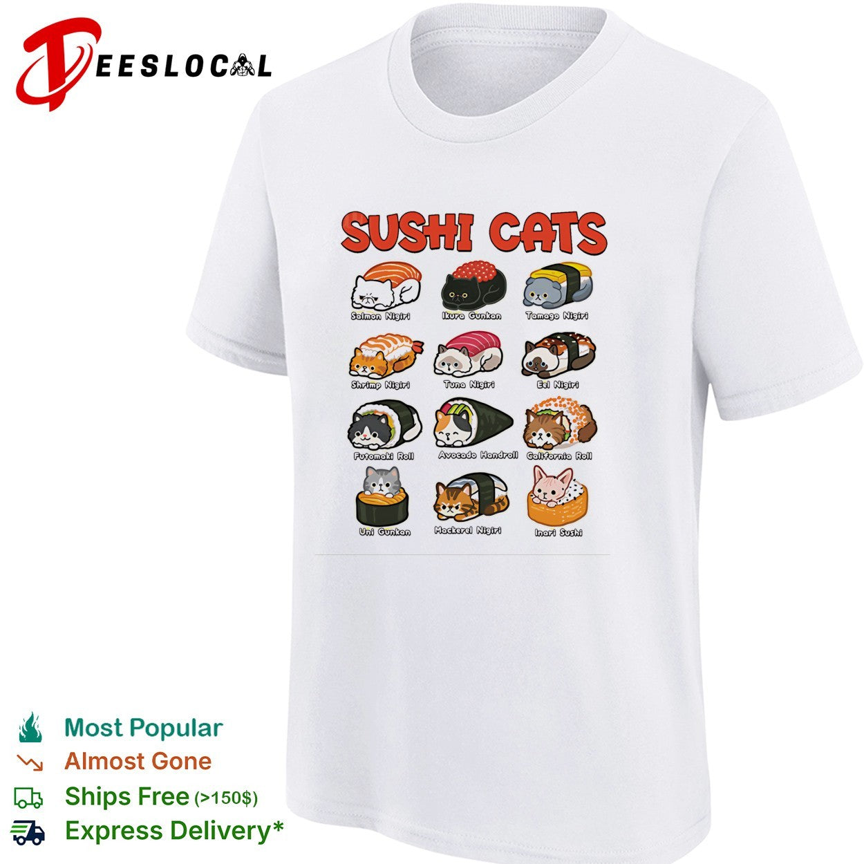 Sushi Cats Salmon Nigiri Tamago Nigiri Shrimp Nigiri Futomaki Roll Avocado Handroll shirt