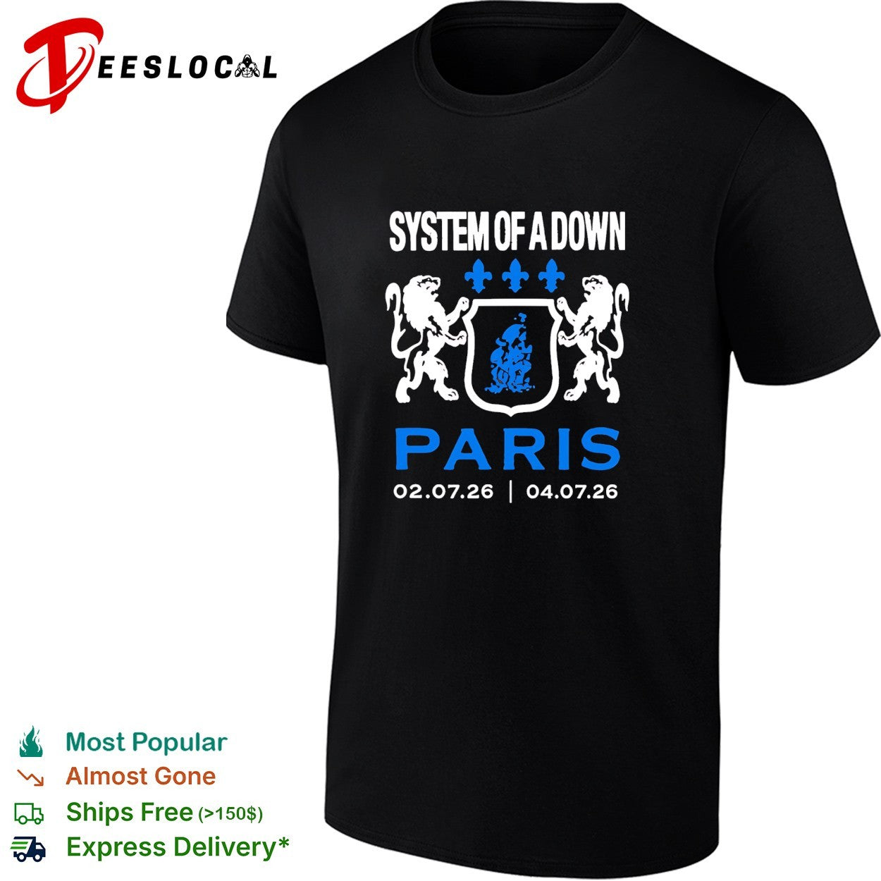 System of a Down Paris concert July 2026 heraldic crest lions shirt