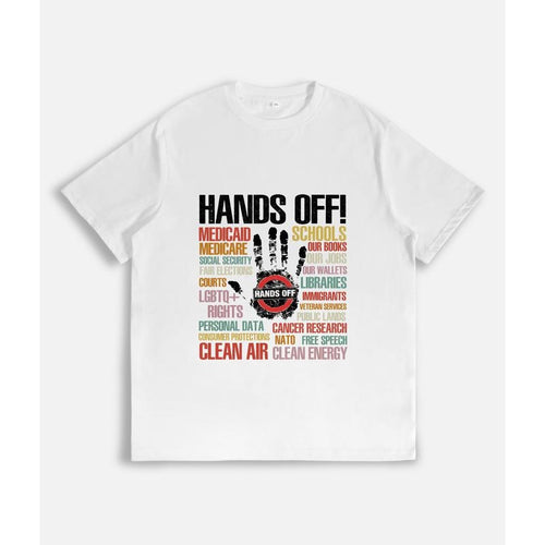 T-Shirt with "HANDS OFF!" Slogan, Handprint Graphic and List of Protected Entities Print Hoodie, Sweatshirt | PodTeesHub.com