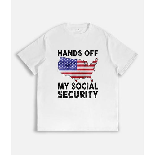 T-Shirt with "HANDS OFF MY SOCIAL SECURITY" Slogan and US Map in American Flag Design Print Hoodie, Sweatshirt
