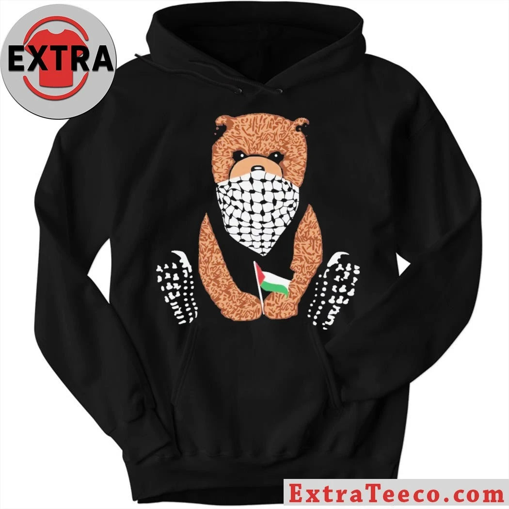 Teddy bear wearing a Keffiyeh scarf and holding a Palestinian flag Shirt