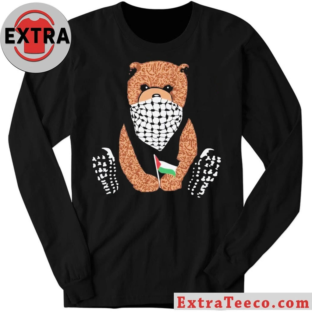 Teddy bear wearing a Keffiyeh scarf and holding a Palestinian flag Shirt