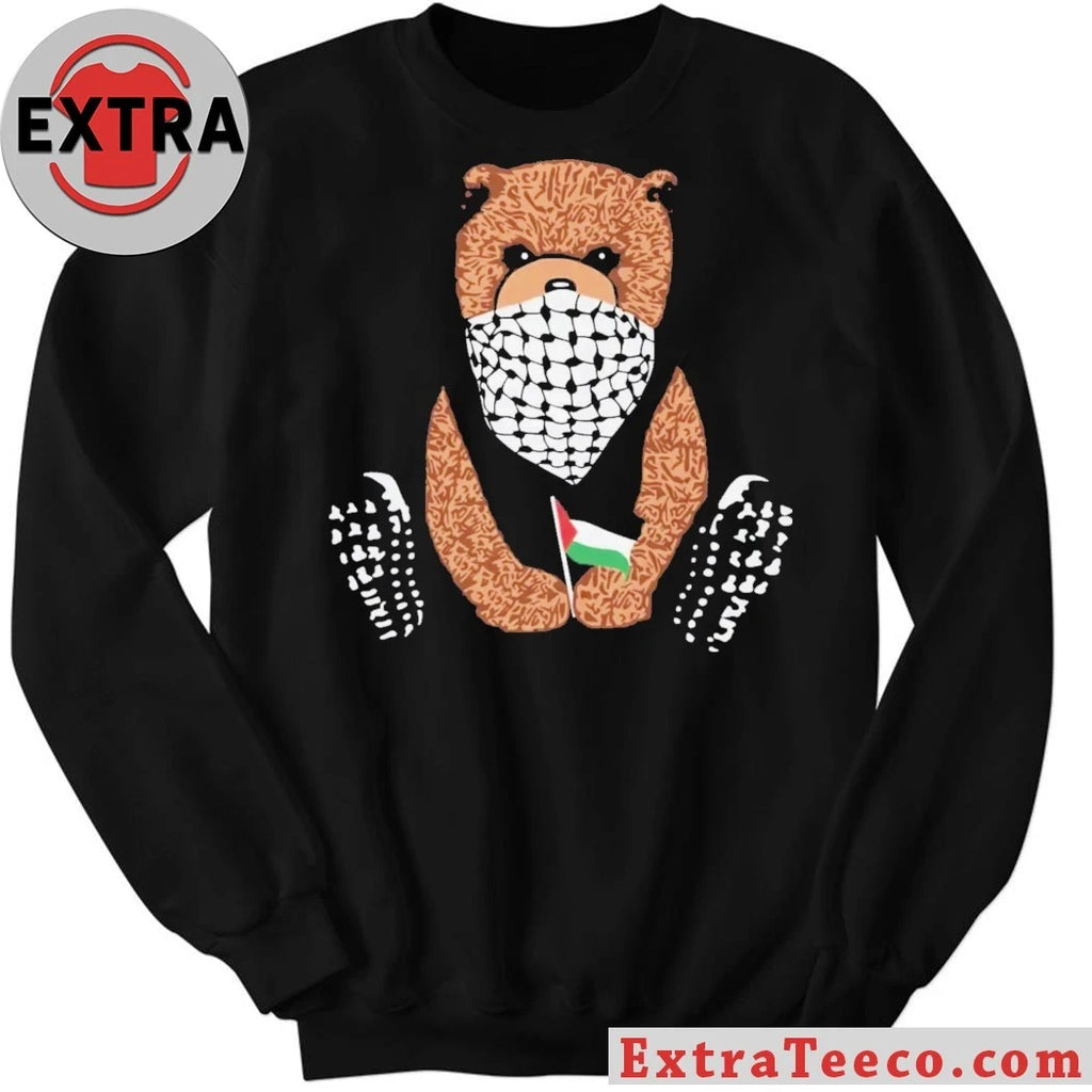 Teddy bear wearing a Keffiyeh scarf and holding a Palestinian flag Shirt
