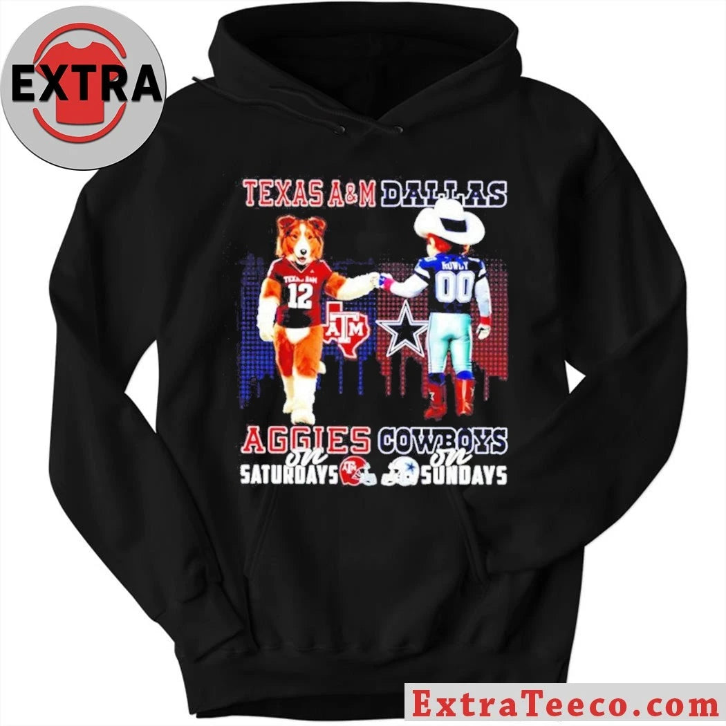 Texas A&amp;M Aggies on Saturdays x Dallas Cowboys on Sundays Mascots Reveille the Dog and Rowdy the Cowboy Skyline T-Shirt