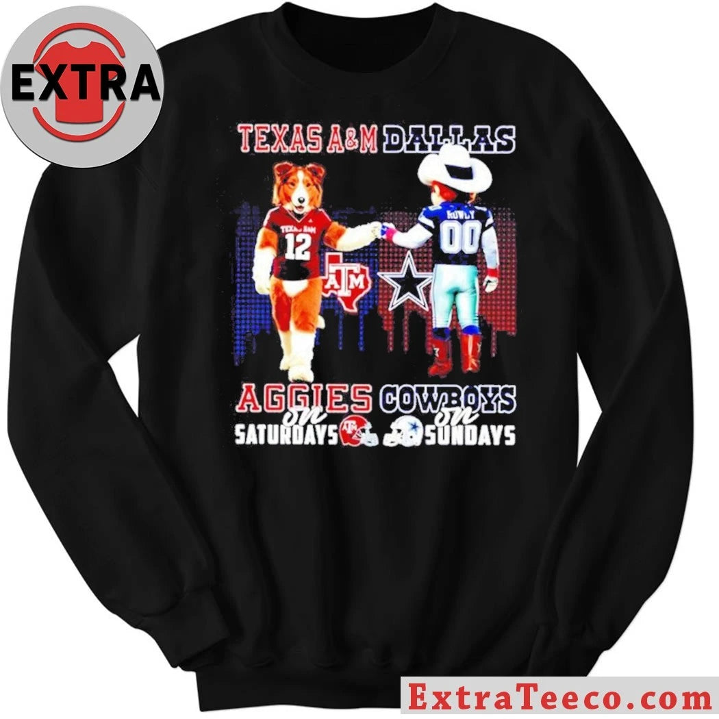 Texas A&amp;M Aggies on Saturdays x Dallas Cowboys on Sundays Mascots Reveille the Dog and Rowdy the Cowboy Skyline T-Shirt
