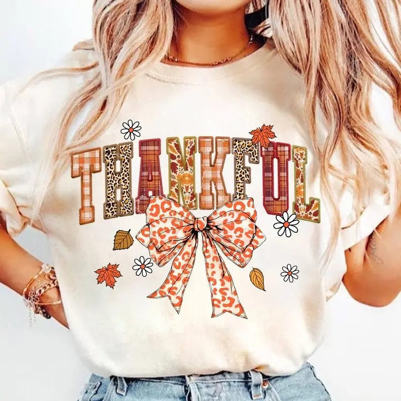 Thankful Coquette Shirt, Autumn Season Sweater, Thanksgiving Sweatshirt, Fall Hoodie, Cozy Season, Coquette Bow Leopard Tee