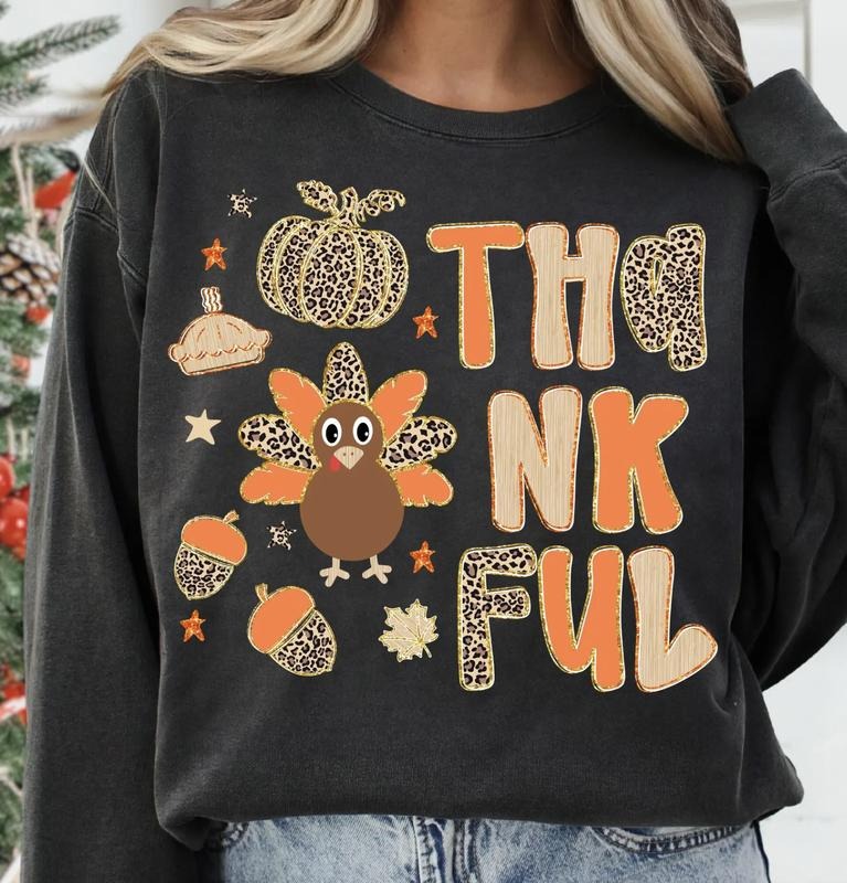 Thankful Doodle Preppy Leopard Pumpkins Autumn Crewneck Sweatshirt, Preppy Thanksgiving Turkey Coquette Bow Tee, Fall...