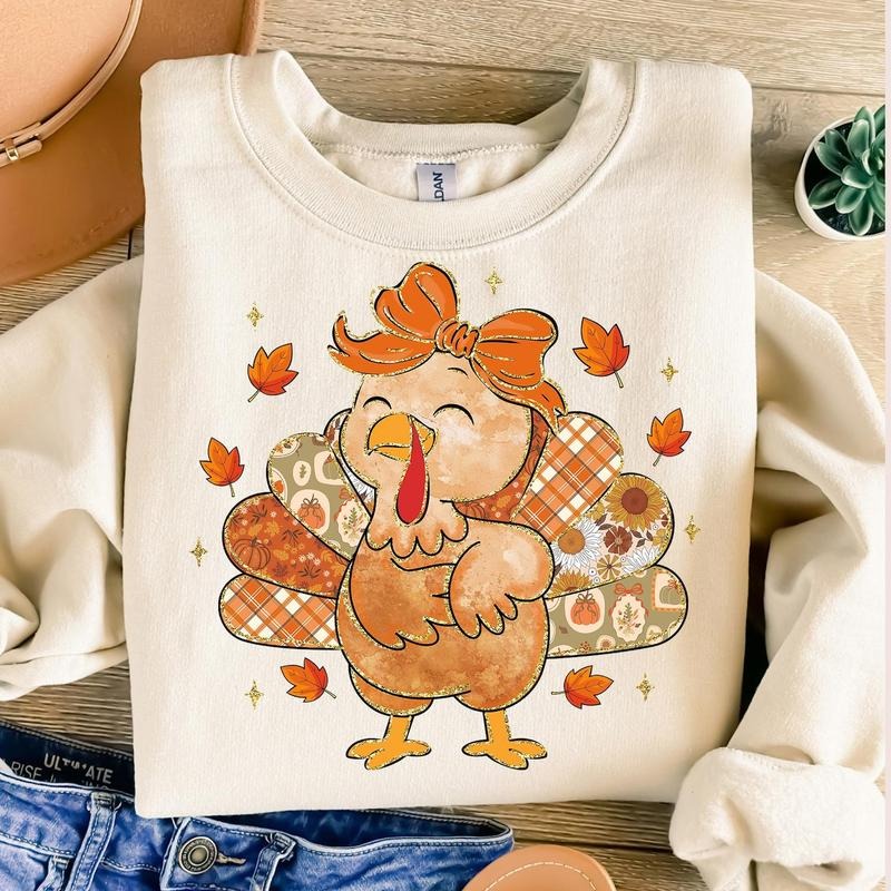 Thanksgiving Turkey Floral Autumn Patchwork Turkey Coquette Sweatshirt, Autumn Pumpkin Ribbon Thanksgiving Shirt Hoodie