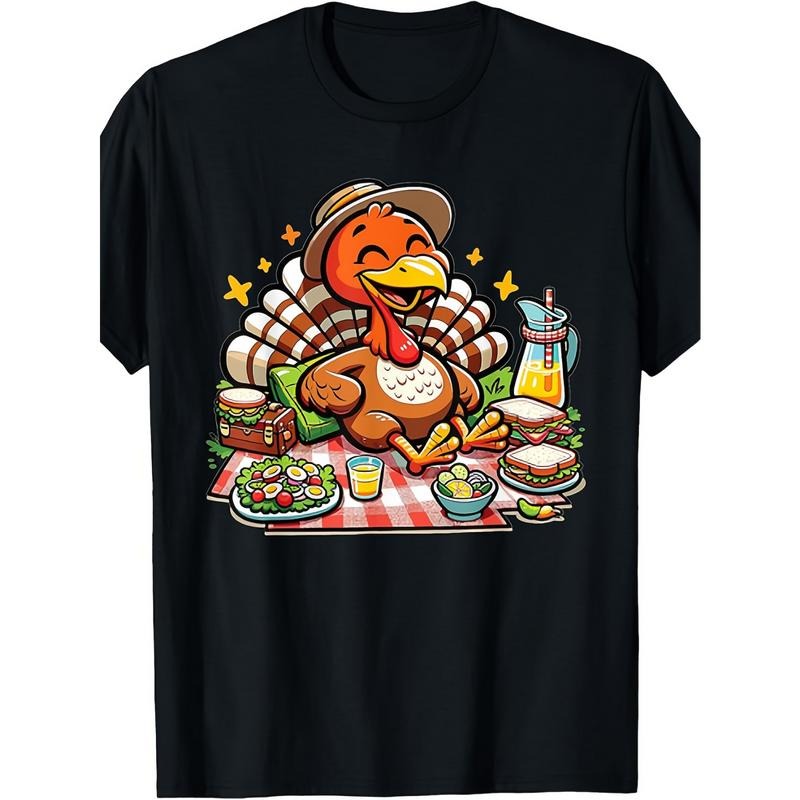 Thanksgiving Turkey Picnic T-Shirt - Black Retro Graphic Tee with Turkey, Pumpkin Pie & Autumn Leaves -  Cotton Shirt for...