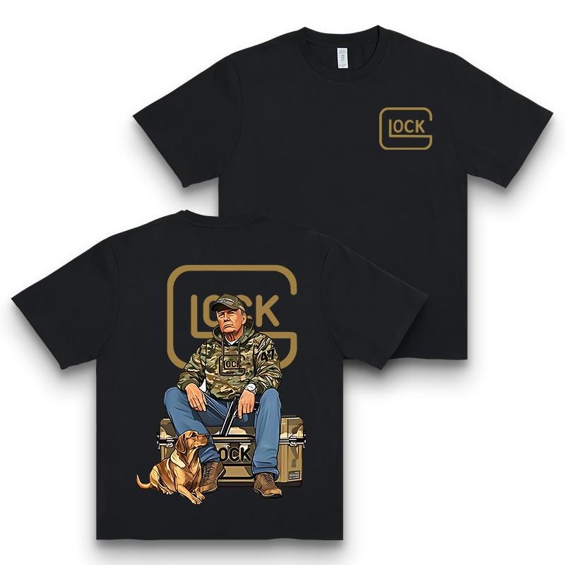 The 47th President Trump Holding a Glock Sitting Next to a Hunting Dog Shirt, Camo Hunting Season Crewneck Unisex Cotton...