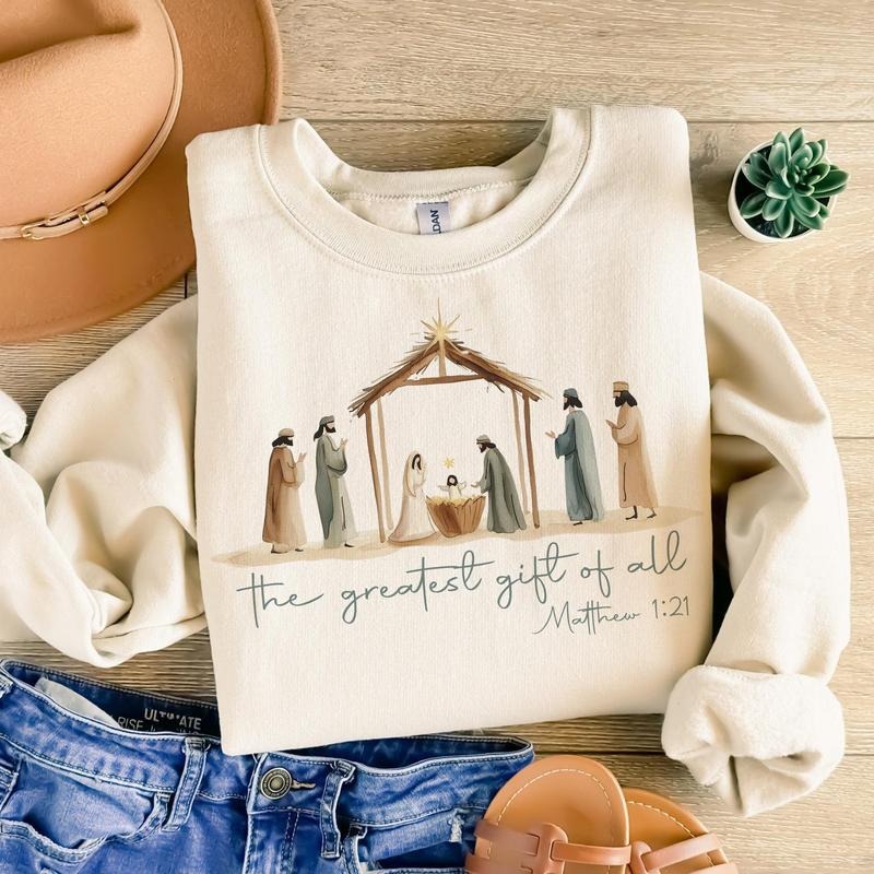 The Greatest Gift Christian Nativity Scene Faith Christmas Sweatshirt, Trendy Christmas Season Graphic Design Unisex...