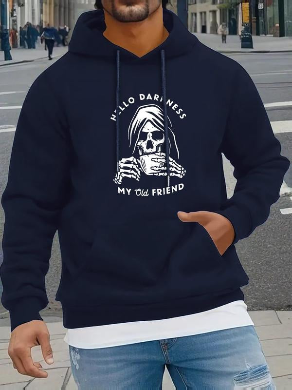 The new "Hello, Dark My Best Friend" letter print comfortable men's hooded sweatshirt, spring, autumn and winter solid...
