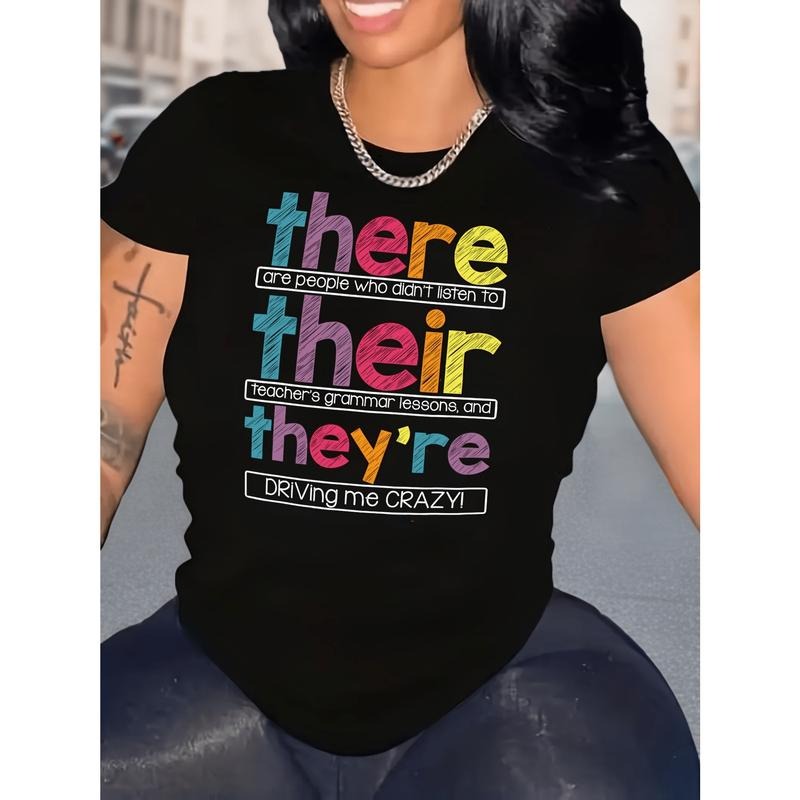There Their They're Letter Print T-shirt, Short Sleeve Crew Neck Casual Top For Summer & Spring, Women's Clothing Hoodie,...
