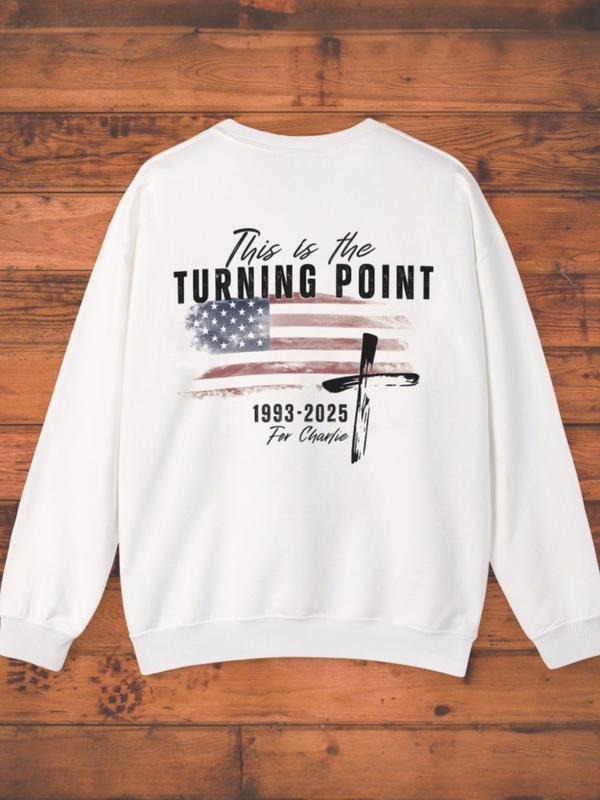 "This Is The Turning Point" Patriotic Religious Graphic Oversized Sweatshirt | White Streetwear Crewneck with USA Flag &...