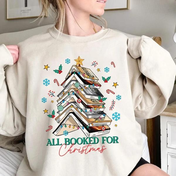 Throne of Glass All Booked for Christmas Tree of Books Fleece Sweatshirt, Book Lover Holiday Shirt, Cozy Xmas Gift Hoodie