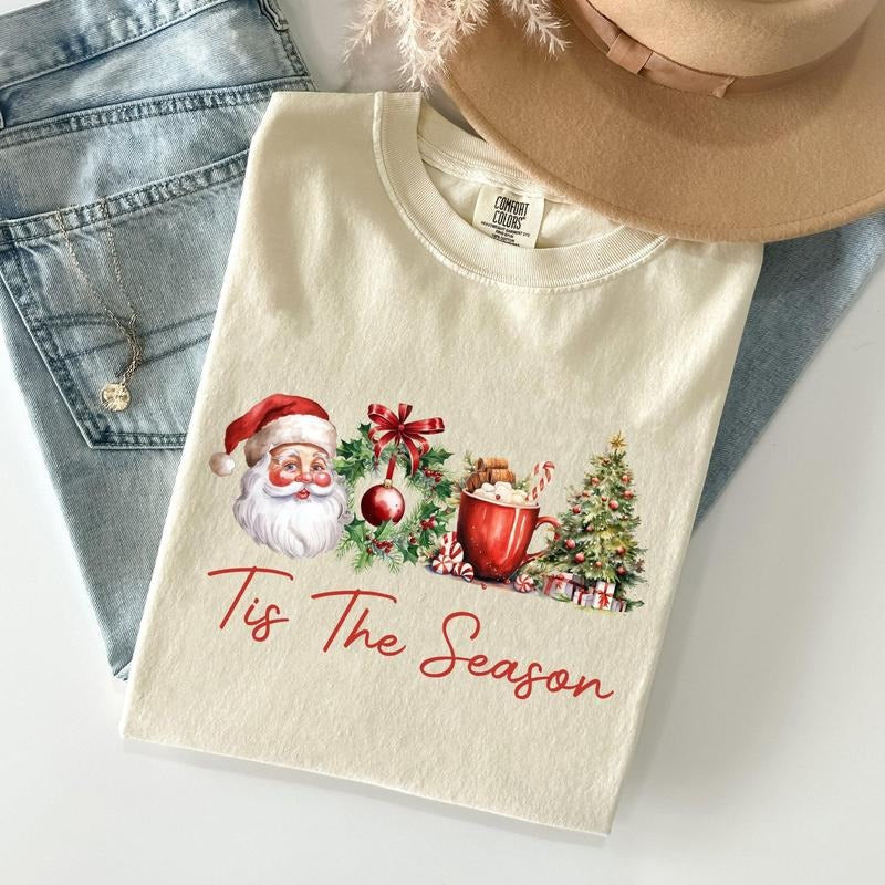 Tis The Season, Retro Santa, Coffee, Christmas Tree, Xmas Tshirt, Christmas Comfort Colors Tshirt, Women's Graphic Tee,...