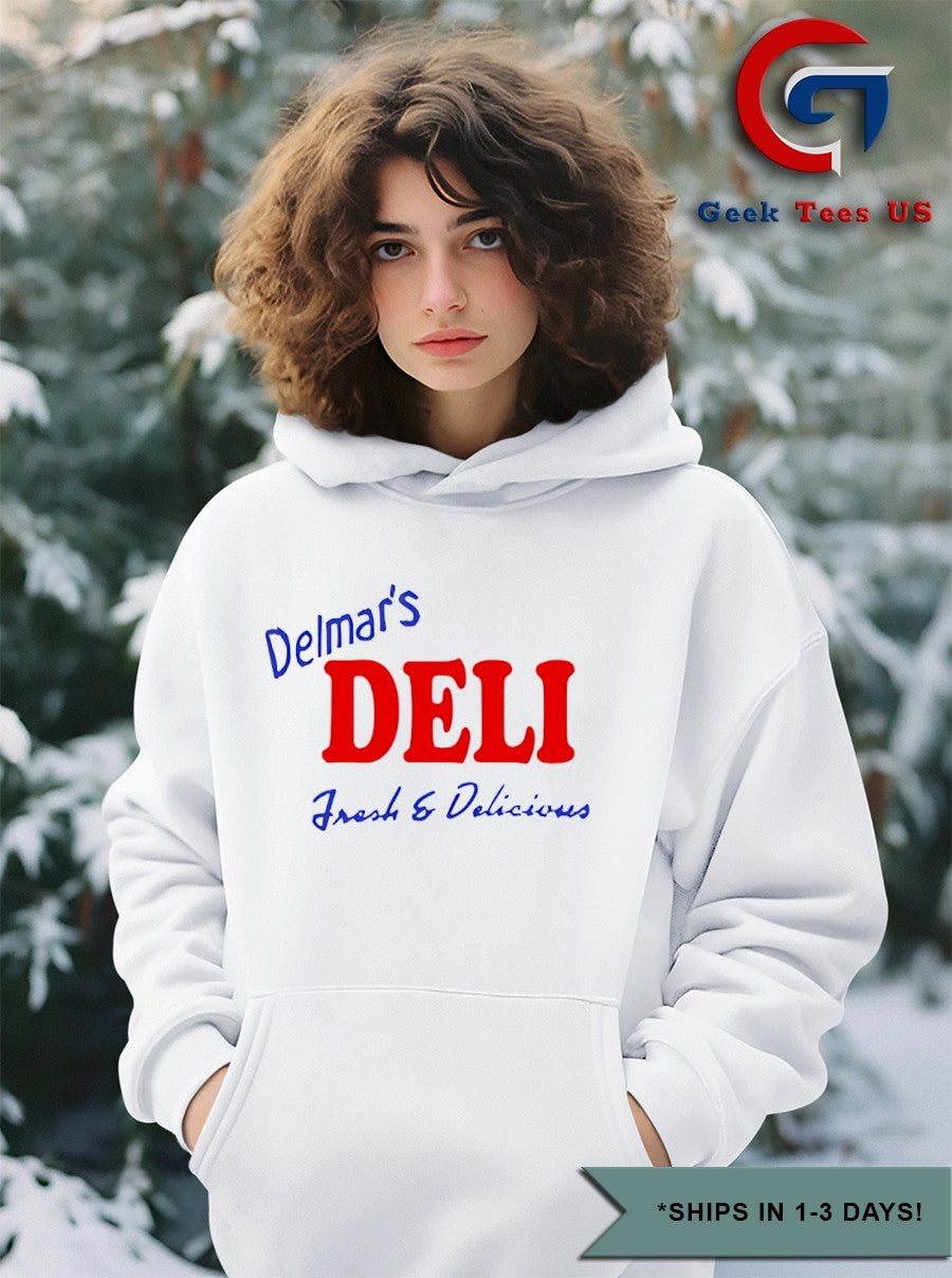 Tom Holland wearing Delmar’s Deli Fresh and Delicious shirt