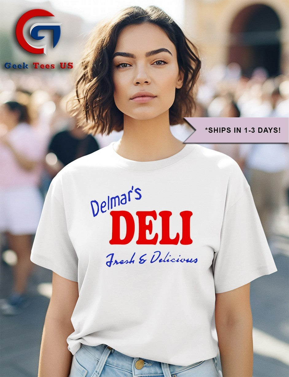 Tom Holland wearing Delmar’s Deli Fresh and Delicious shirt