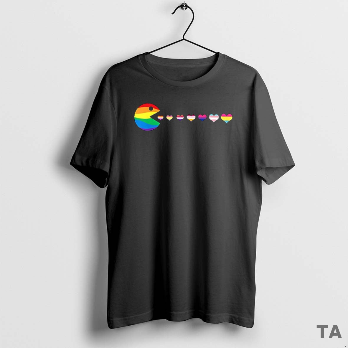 Top Pacman Pride Flags Heart Gay Parody Classic Video Game T Shirt Sweater Hoodie, Sweatshirt | PodTeesHub.com
