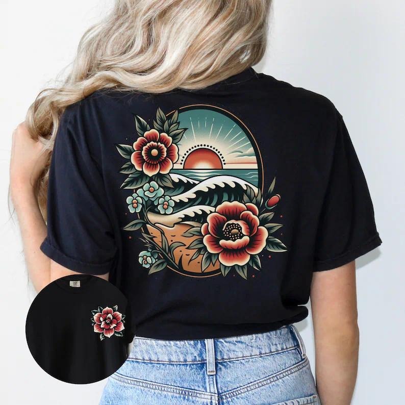 Traditional Floral Beach Sunset Tshirt, Beach Vacation Shirt, Women's Mother's Day Birthday Gift for Her, Beach Lover Tee...