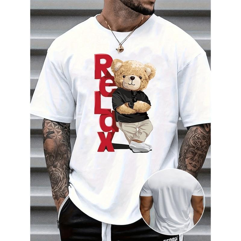 Trendy Bear Print Men's Short Sleeve T-Shirt Comfortable Polyester Blend Round Neck Summer Casual Wear Machine Washable...