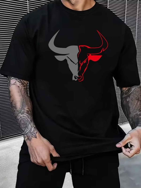 Trendy Bull Head Men's T-Shirt, Street Style Casual Wear with Red & Gray Bull Graphic for Urban Fashion Fans, Daily Looks...