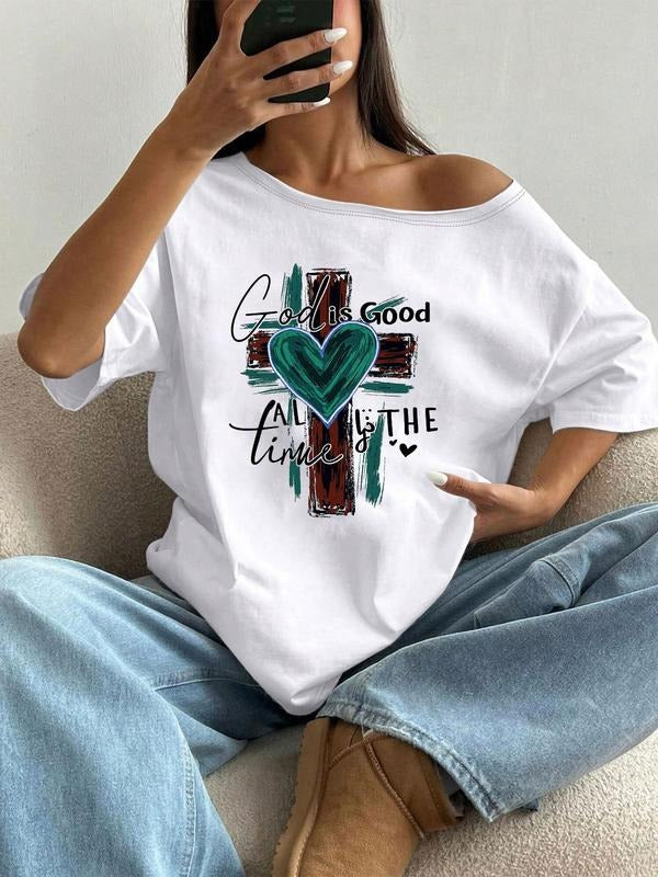 Trendy Casual Style Graphic Asymmetrical Shoulder T-Shirt, Comfortable Fashion Tee for Daily Wear, Fitted Design for All...