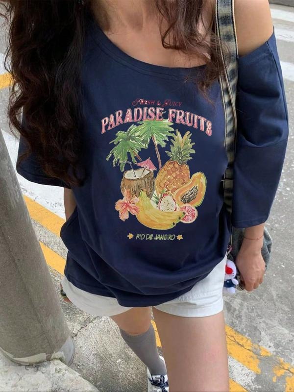 Trendy Casual Style Graphic Asymmetrical Shoulder T-Shirt, Comfortable Fashion Tee for Daily Wear, Fitted Design for All...