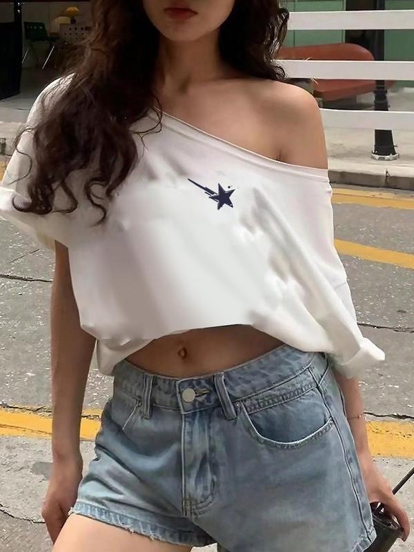 Trendy Casual Style Graphic Asymmetrical Shoulder T-Shirt, Comfortable Fashion Tee for Daily Wear, Fitted Design for All...