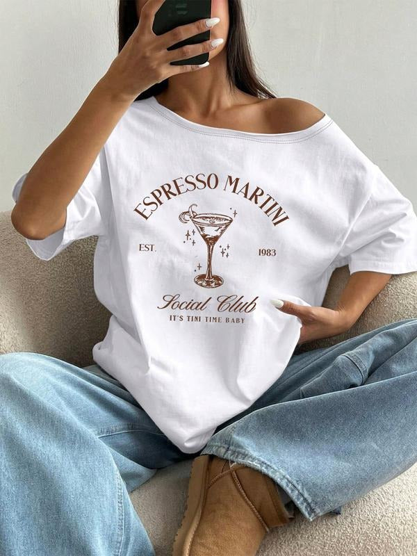 Trendy Casual Style Graphic Asymmetrical Shoulder T-Shirt, Comfortable Fashion Tee for Daily Wear, Fitted Design for All...