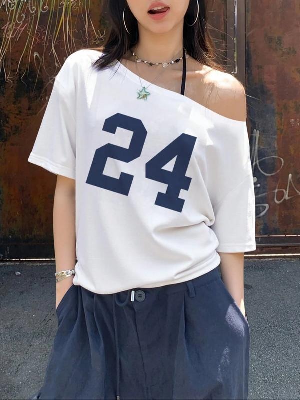 Trendy Casual Style Graphic Asymmetrical Shoulder T-Shirt, Comfortable Fashion Tee for Daily Wear, Fitted Design for All...