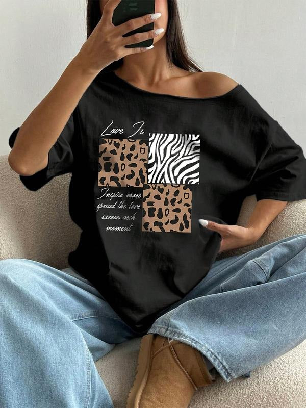 Trendy Casual Style Graphic Asymmetrical Shoulder T-Shirt, Comfortable Fashion Tee for Daily Wear, Fitted Design for All...