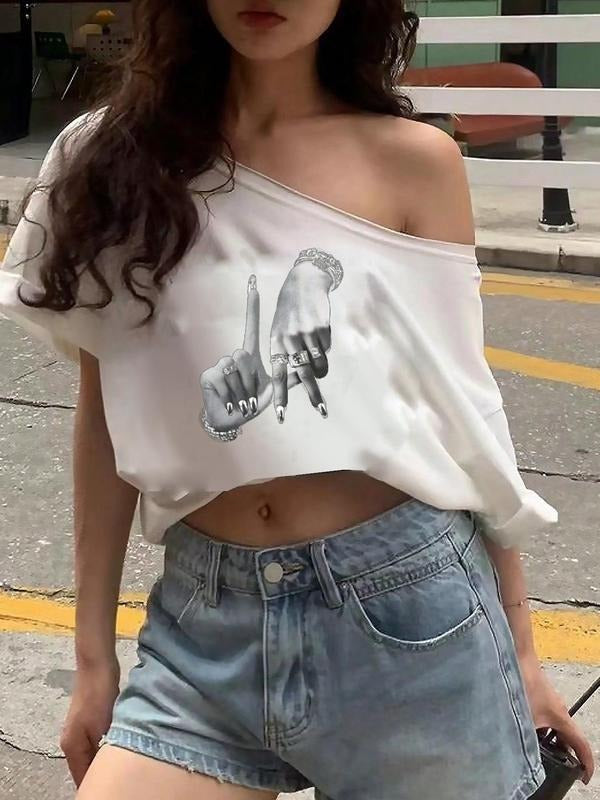 Trendy Casual Style Graphic Asymmetrical Shoulder T-Shirt, Comfortable Fashion Tee for Daily Wear, Fitted Design for All...