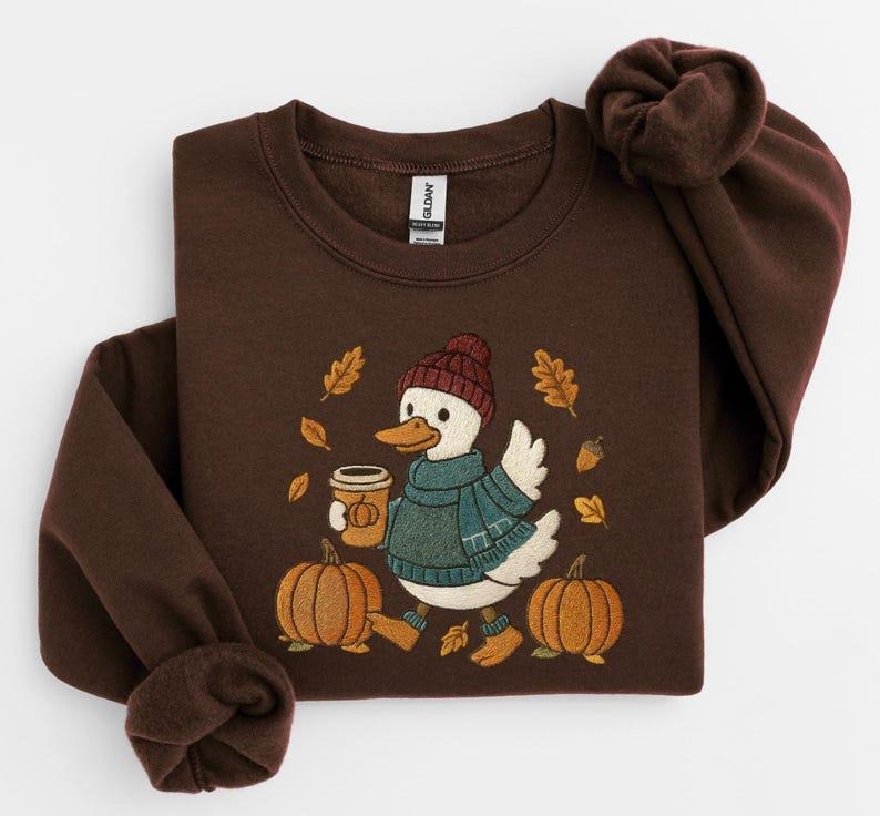 Trendy Cute Fall Duck Sweatshirt, Cozy Autumn Coffee Shirt, Preppy Duck Pullover, Trendy Thanksgiving Sweater Hoodie