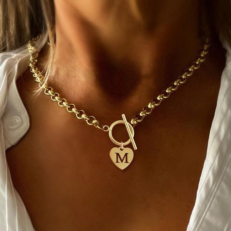 Trendy Daily Stainless Steel Necklace, New A-Z Letter & Heart Pendant OT Clasp, Durable Stylish Accessory Gift for Daily...