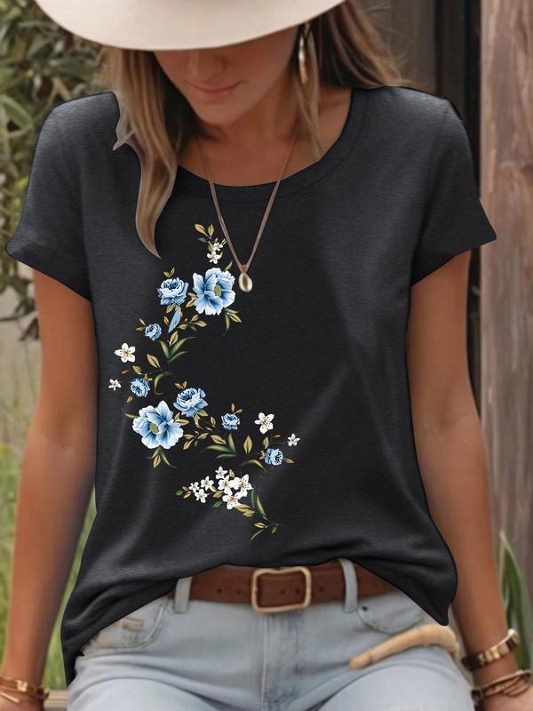 Trendy Floral Print Vintage Style Women's Summer Casual Sports Top, Breathable Comfortable Short Sleeve T-Shirt in S-Xxl...
