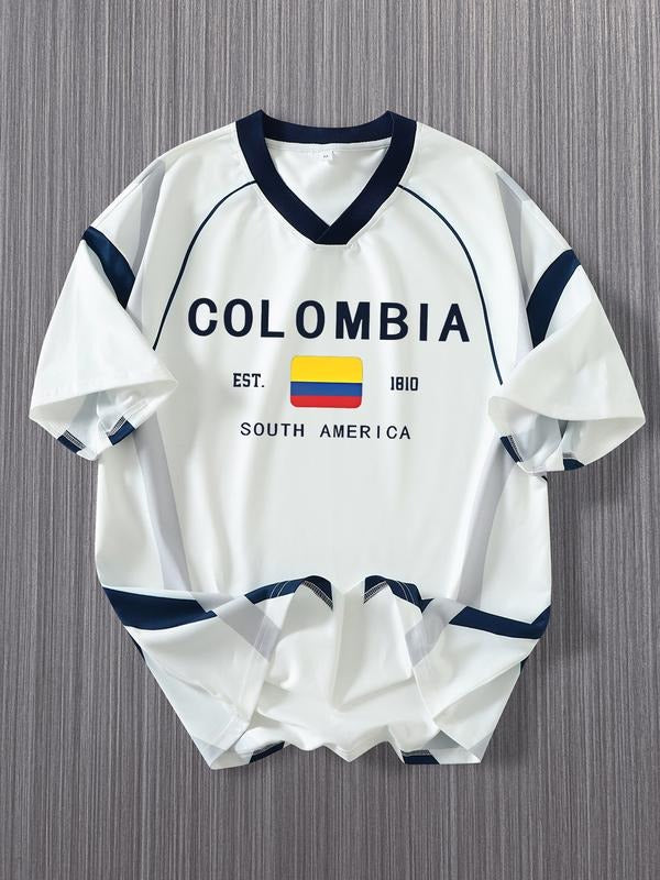 Trendy Football Style! Colombia Logo Print T-Shirt, Athletic Workout Clothing, Summer Loose Fit V Neck Sports Short...