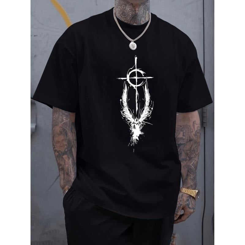Trendy Mens Graphic Print T Shirt With Wings Design Comfortable Crew Neck Short Sleeve Tee For Summer Outdoor Vacation...