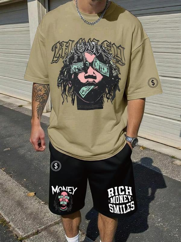Trendy Short Sleeve T-Shirt Set with Money Mask Print, Casual Street Style Tee for Daily Comfort & Fashion Hoodie, Sweatshirt