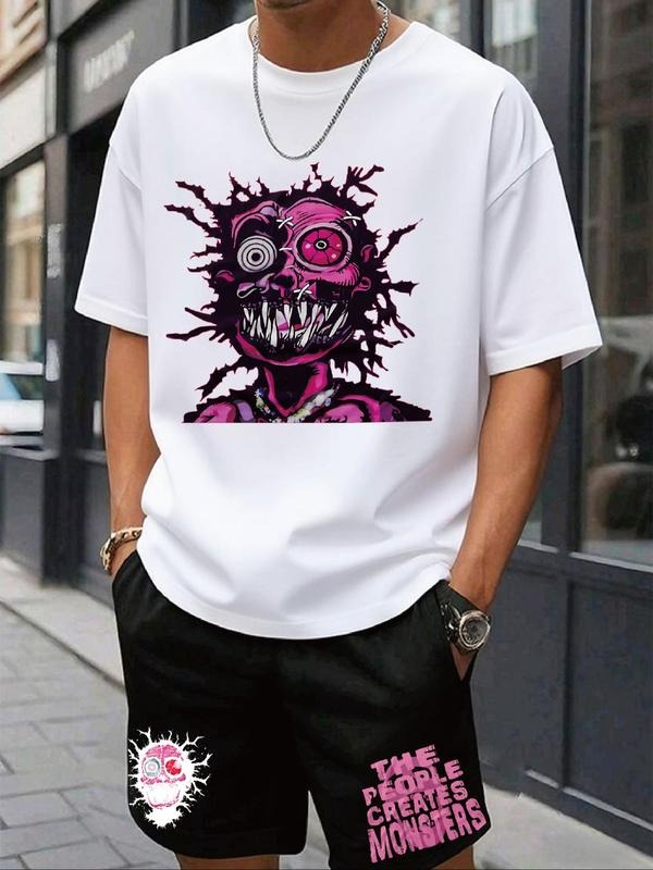 Trendy Short Sleeve T-Shirt Set with Skull Print, Perfect for Halloween Party, Casual Summer Wear, Fitted Style Hoodie,...