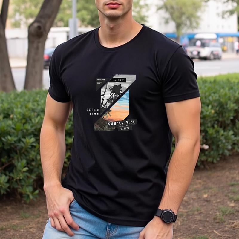 Trendy Summer Men's Graphic Print T-Shirt Casual Short Sleeve Sporty Tee Fashionable Leisure Wear Black New Arrival...